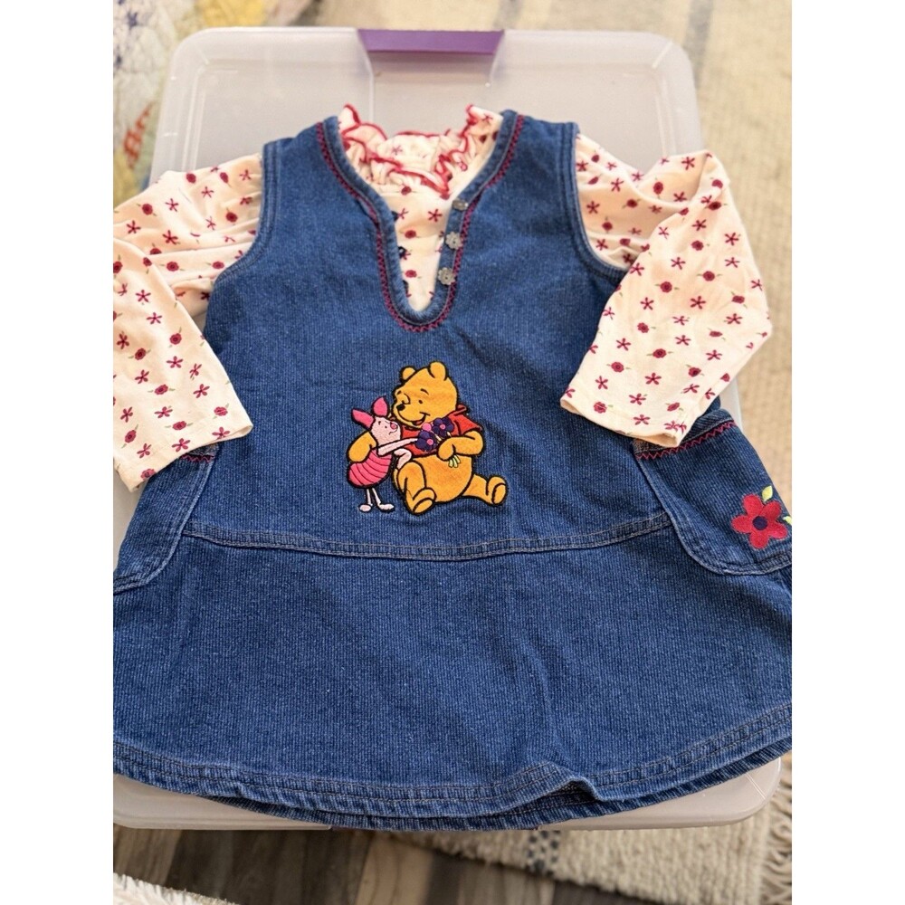 Vtg Disney Winnie The Pooh Denim Jumper Dress Set 4T Pink Star Shirt Y2K Rare